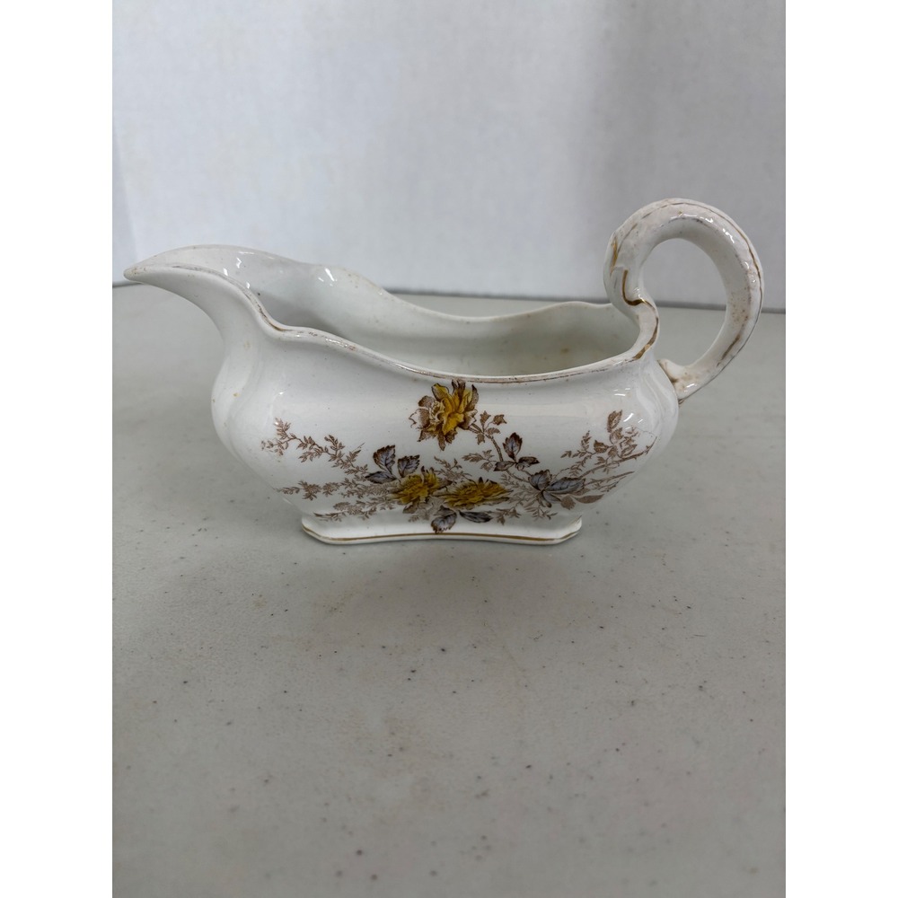 Vintage White Gravy Boat Floral‎ Design Gold Rim Serving Dish